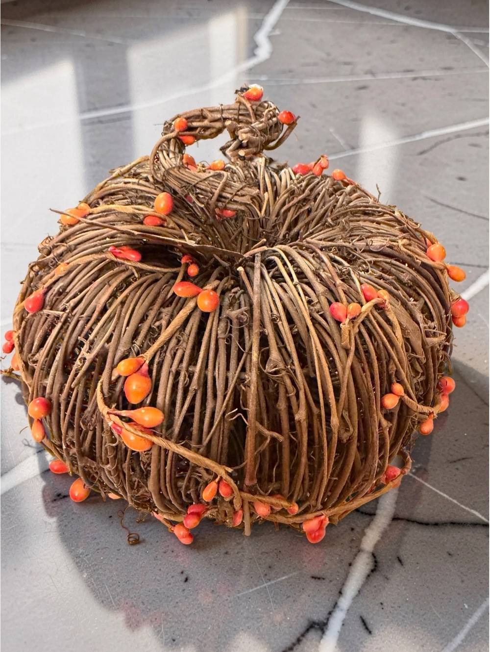 Grapevine Twig Pumpkin with Orange Berries Rustic Fall Decor 8"